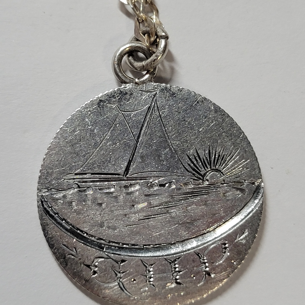 Silver 925  Sailboat Pendant Necklace - Etched Coin Design - Picture 7 of 7